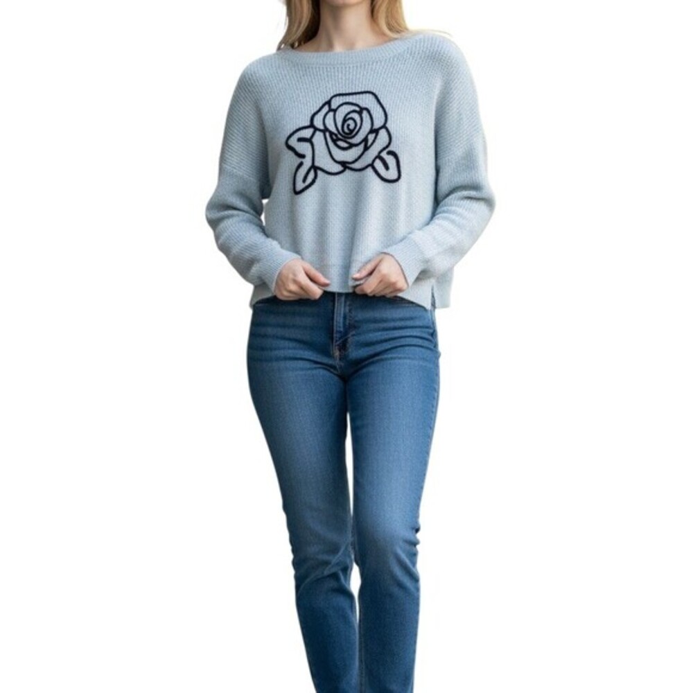 Heart N Crush Sweater Womens L Light Blue Rose Graphic Oversized Pullover